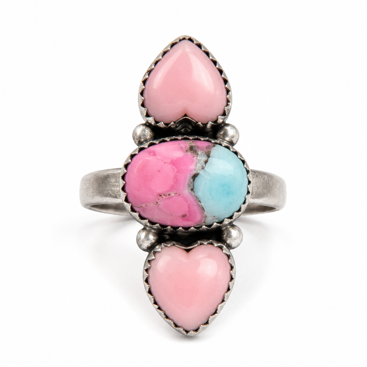 .925 Solid Sterling Silver Pink Conch Shell & Cotton Candy Turquoise Adjustable Ring