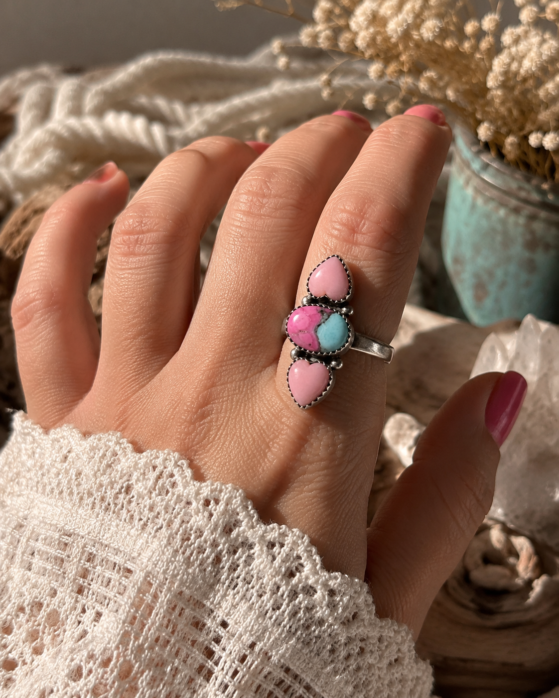 .925 Solid Sterling Silver Pink Conch Shell & Cotton Candy Turquoise Adjustable Ring