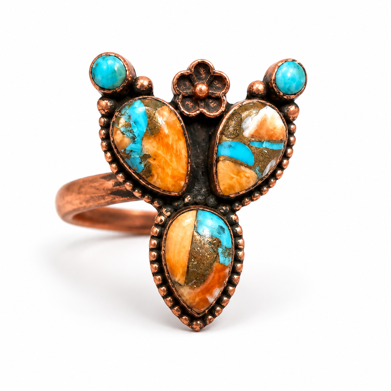 Spiny Oyster Turquoise Cactus Adjustable Pure Copper Ring