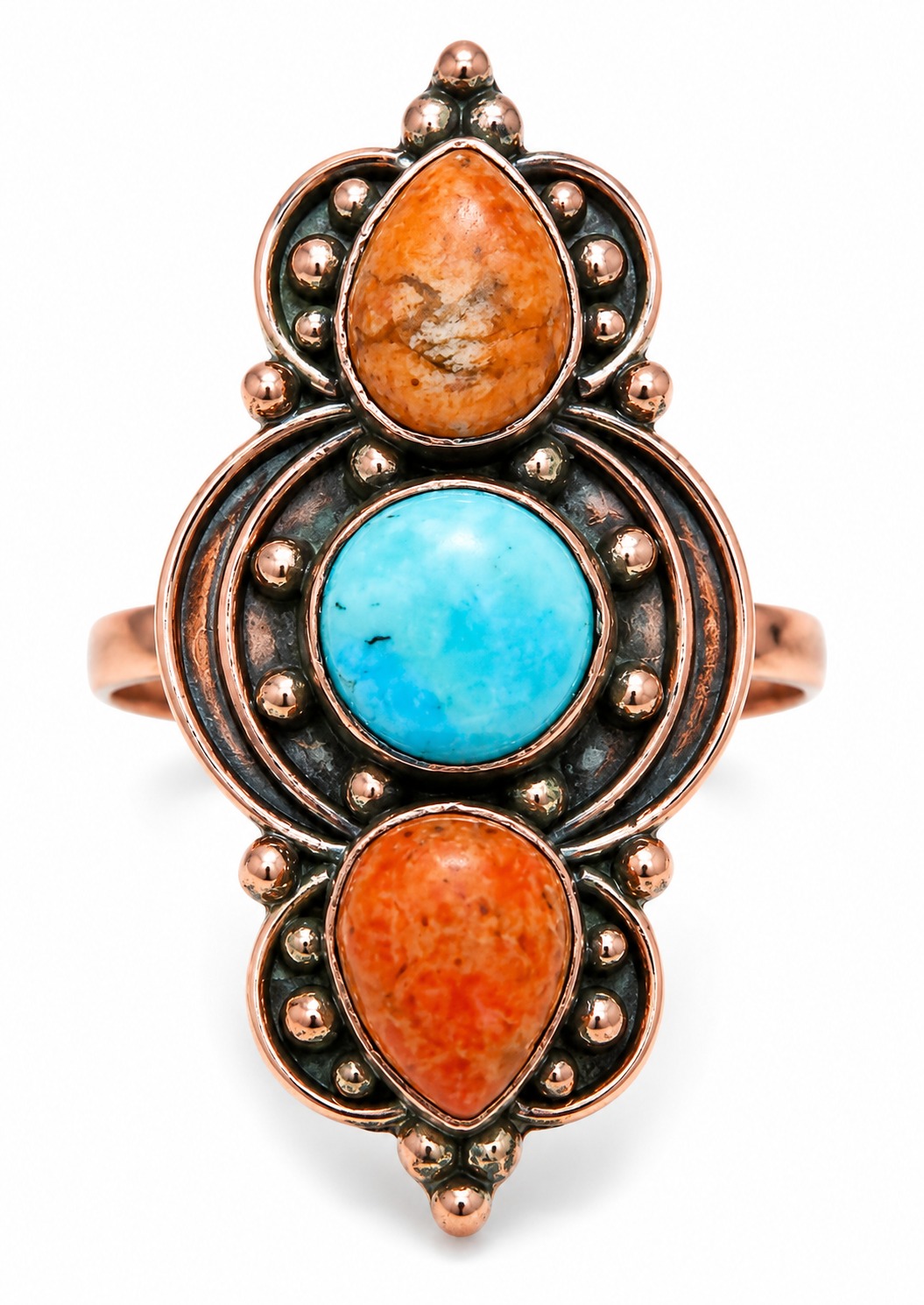 Spiny Oyster Turquoise Triple Stone Crawler Ring