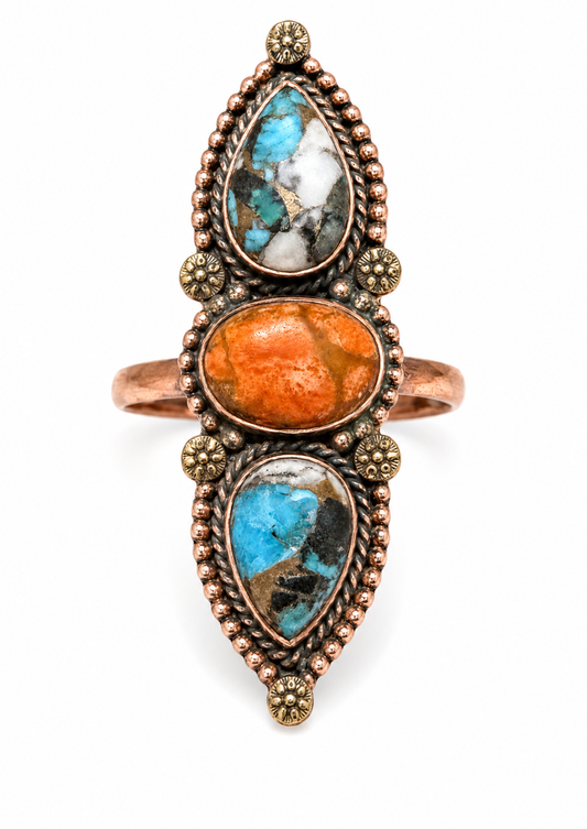 Spiny Oyster  Triple Stone Crawler Ring