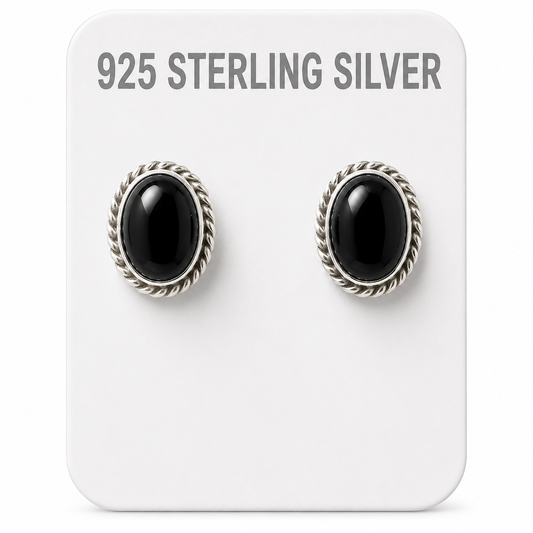 .925 Sterling Silver Oval Black Onyx Stud Earrings