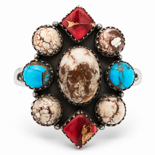 Wild Horse Jasper & Red Rose Dahlia .925 Sterling Silver Adjustable Cluster Ring