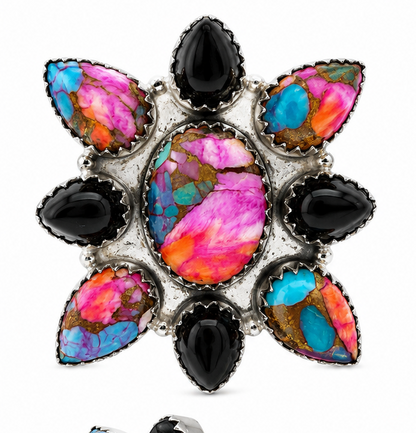 Pink Dahlia and Black Onyx Cluster .925 Sterling Silver Cluster Ring
