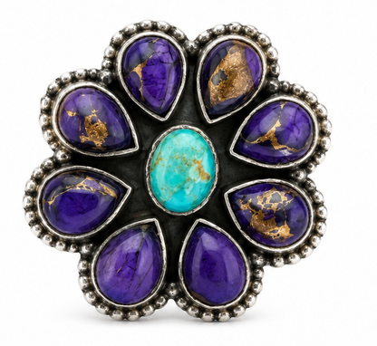 Purple Dahlia & Turquoise .925 Sterling Silver Cluster Ring