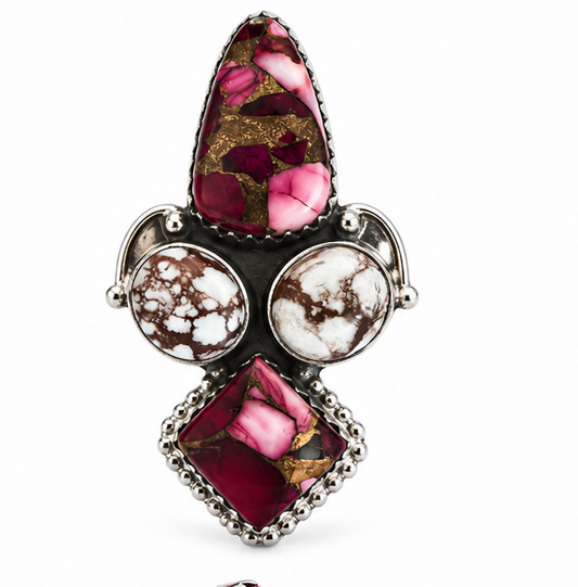 Red Rose Dahlia & Wild Horse Jasper .925 Sterling Silver Adjustable Cluster Ring