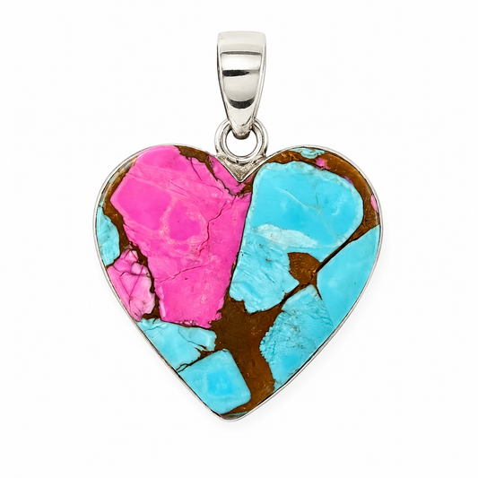 1.36” x 1” Cotton Candy Kingman Turquoise Heart Shape .925 Sterling Silver Pendant