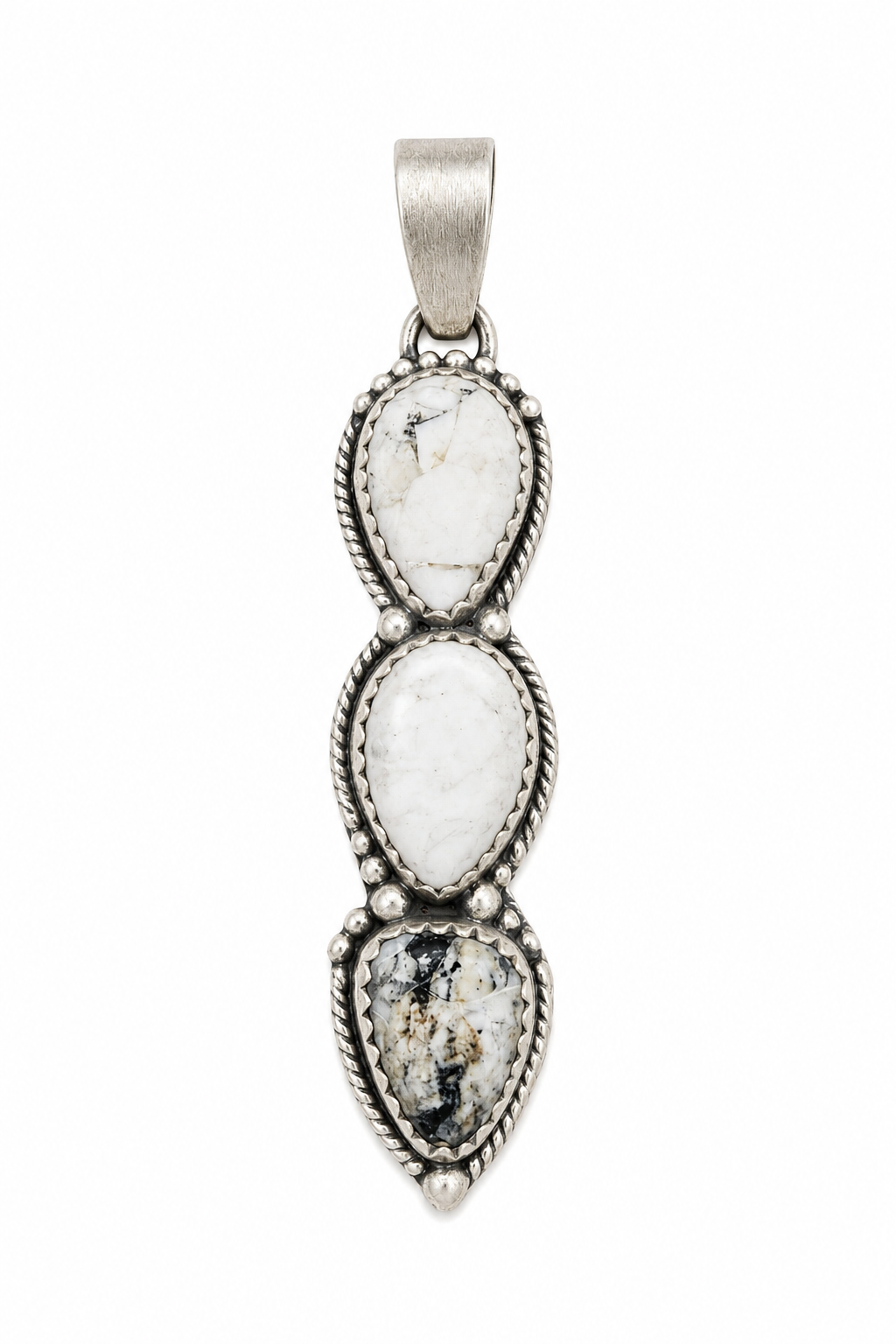2.06” x 0.45” White Buffalo Triple Stone .925 Sterling Silver Pendant