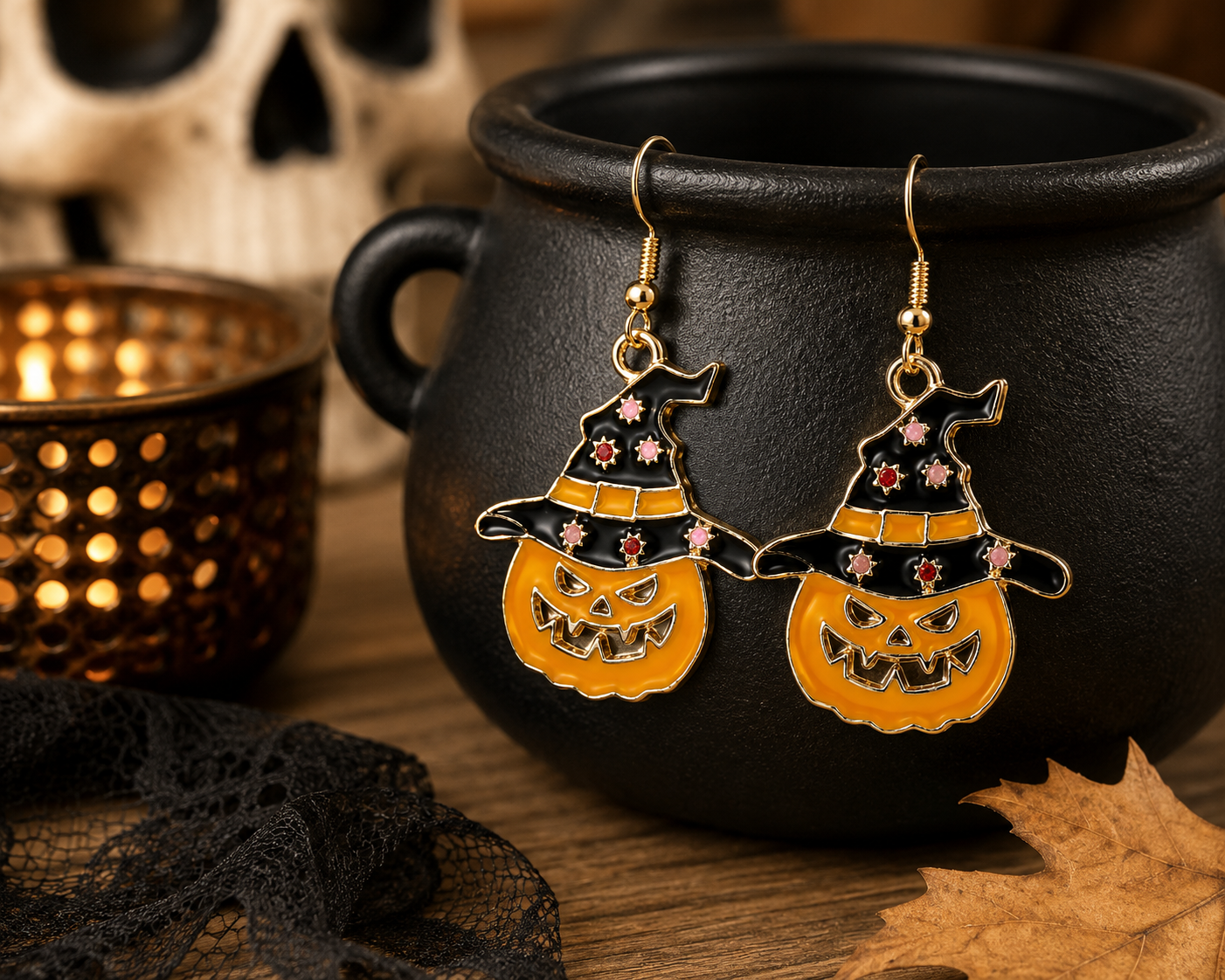 Cute Pumpkin Witch Hat Halloween Fall Earrings