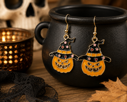 Cute Pumpkin Witch Hat Halloween Fall Earrings