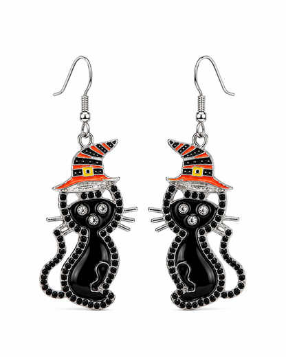 Black Cat Witch Hat Halloween Earrings