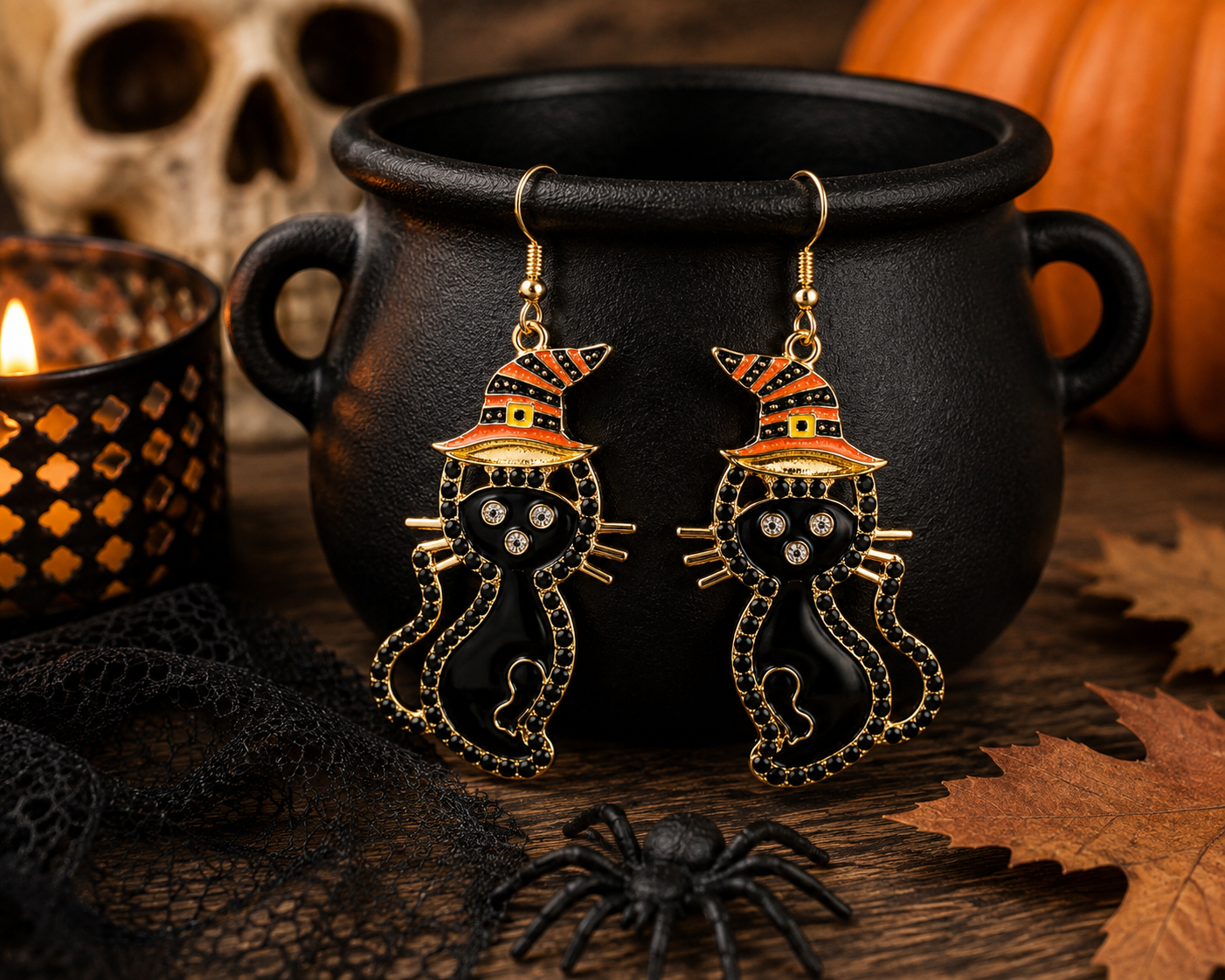 Black Cat Witch Hat Halloween Earrings