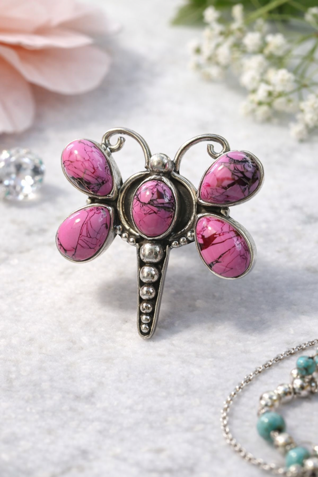 Pink Cherry Dahlia .925 Solid Sterling Silver Butterfly Ring