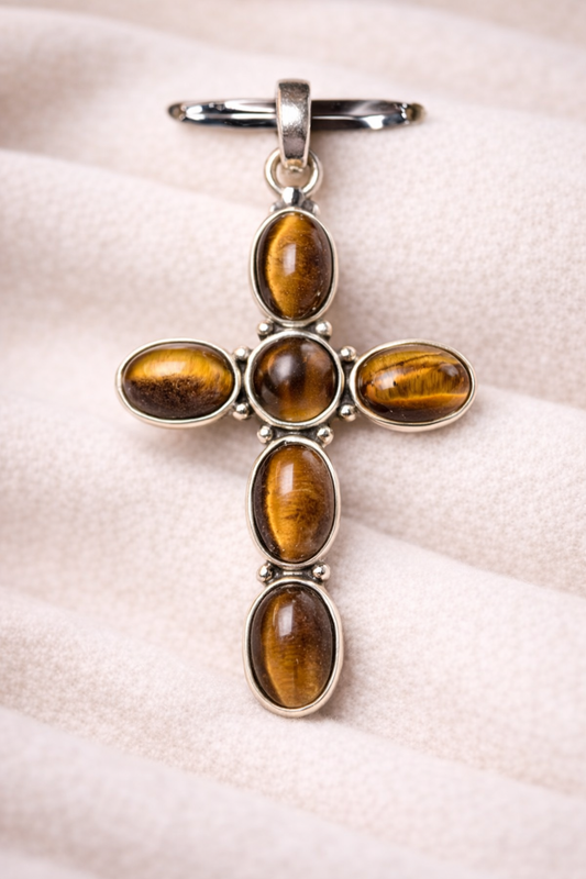 Tigers Eye Natural Stone Cross .925 Solid Sterling Silver Pendant