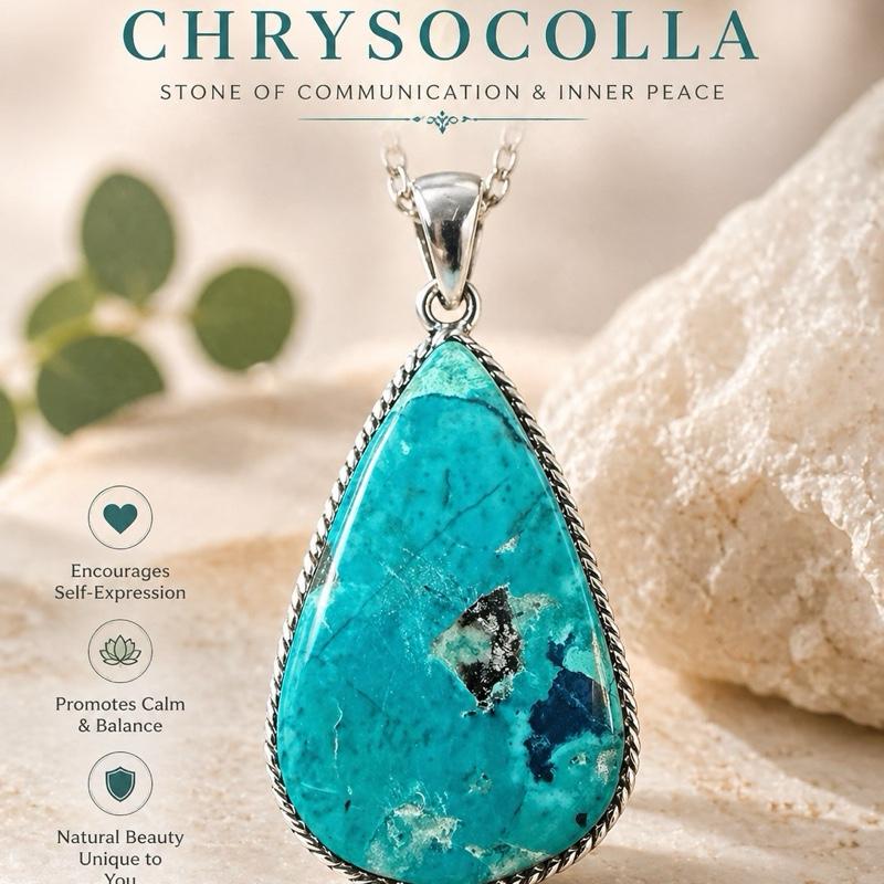 .925 Solid Sterling Silver Chrysocolla Natural Stone Pendant