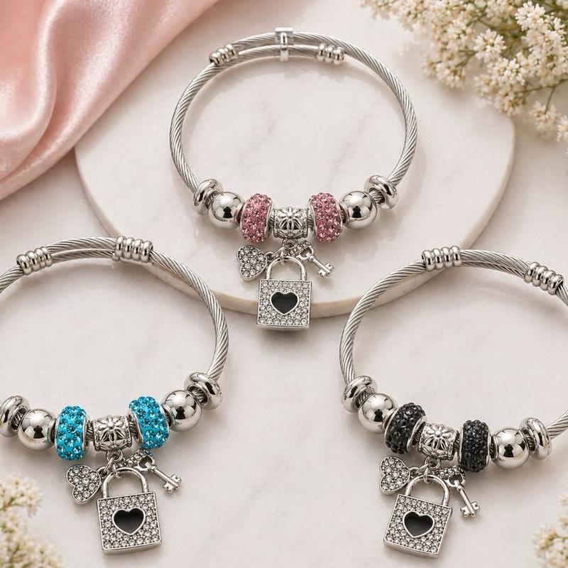 Lock & Key Heart Charm Beaded Stainless Steel Bracelet