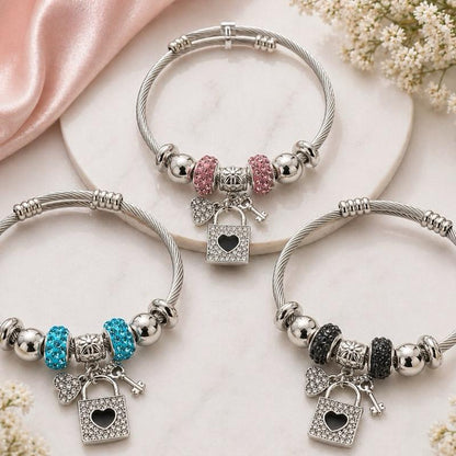 Lock & Key Heart Charm Beaded Stainless Steel Bracelet