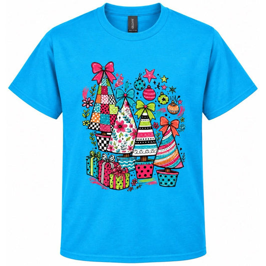 Blue Large T-Shirt with Festive Christmas Tree Design and Colorful Gifts