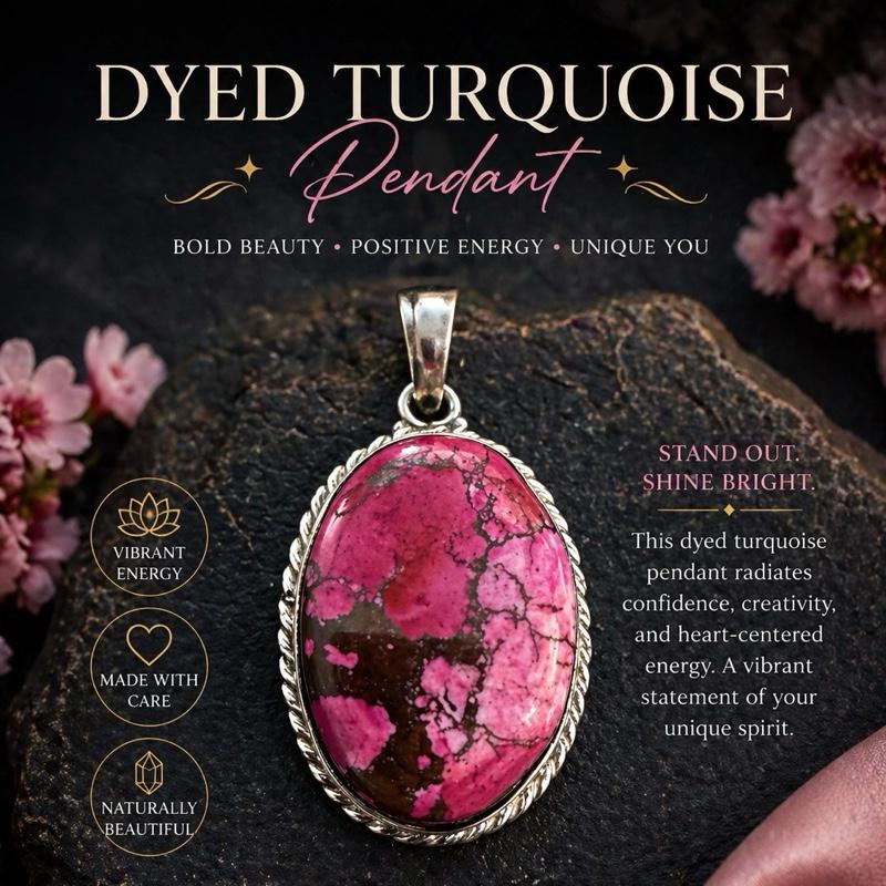.925 Solid Sterling Silver Dyed Pink Turquoise Pendant