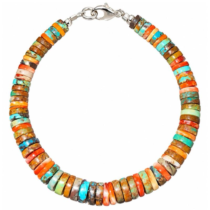 Mixed Natural Stone Turquoise & Spiny Oyster Heishi .925 Sterling Silver Bracelet