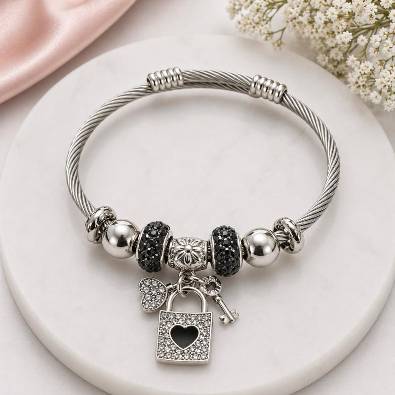 Lock & Key Heart Charm Beaded Stainless Steel Bracelet