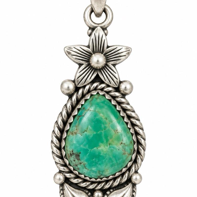 1.67”  X 0.57” Hardy Pit Turquoise Solid Back .925 solid Sterling silver pendant