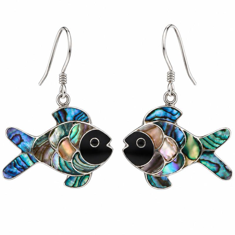 Abalone Shell Fish .925 Sterling Silver Dangle Earrings