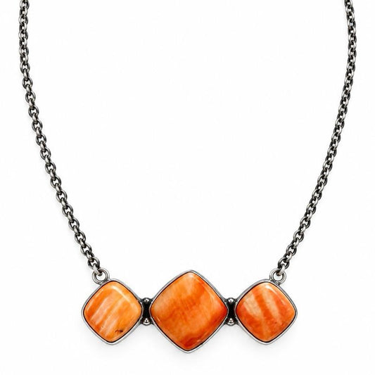 16”-18” Spiny Orange Oyster Triple Shell .925 Sterling Silver Bar Necklace