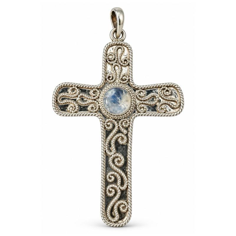 2.87” X 1.69” Moonstone Cross .925 Sterling Silver Closed Back Pendand
