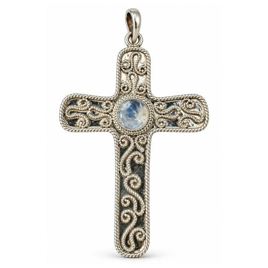 2.87” X 1.69” Moonstone Cross .925 Sterling Silver Closed Back Pendand