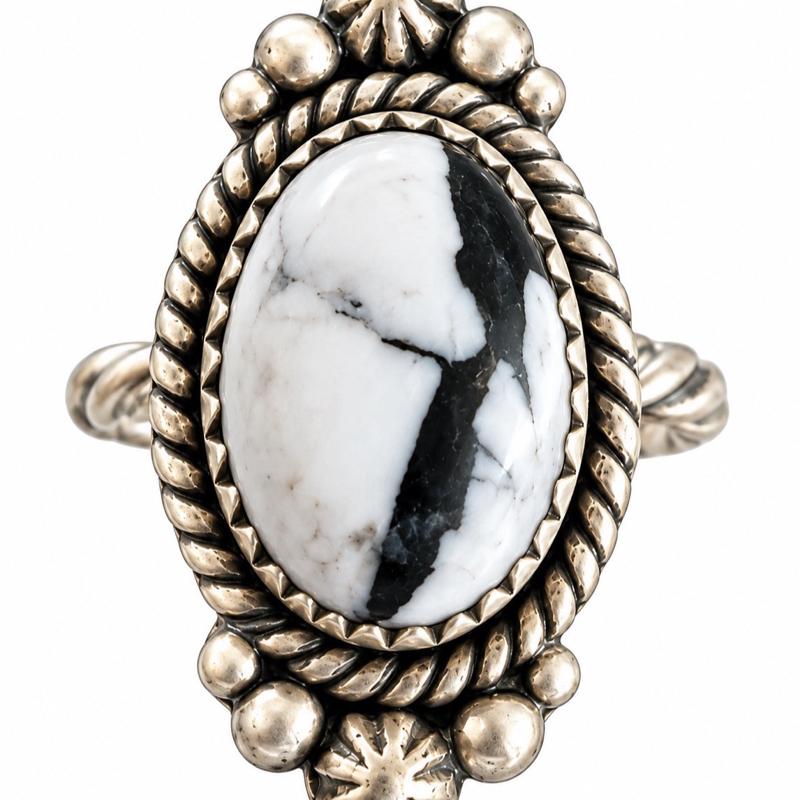 Size 9 White Buffalo Natural Stone .925 Sterling Silver Ring