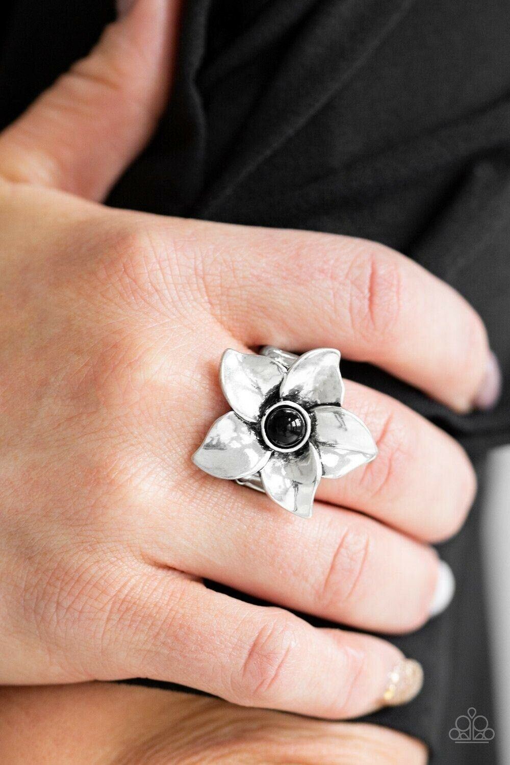 Ask For Flowers - Black Stretchy Ring Paparazzi Accessories Jewelry 3261